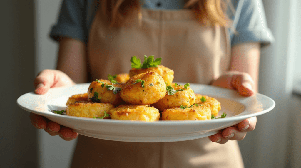 A woman wearing an apron holds a white plate filled with golden-brown keto egg bites, garnished with fresh parsley. The egg bites are arranged neatly, highlighting their crispy texture and inviting appearance