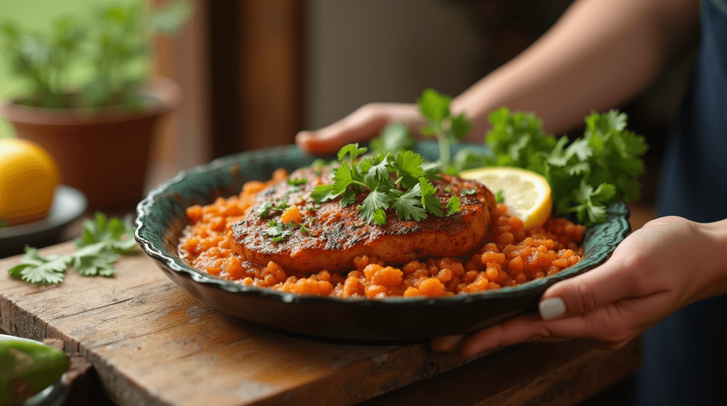 a woman serving a dish of milanesa mexican recipe