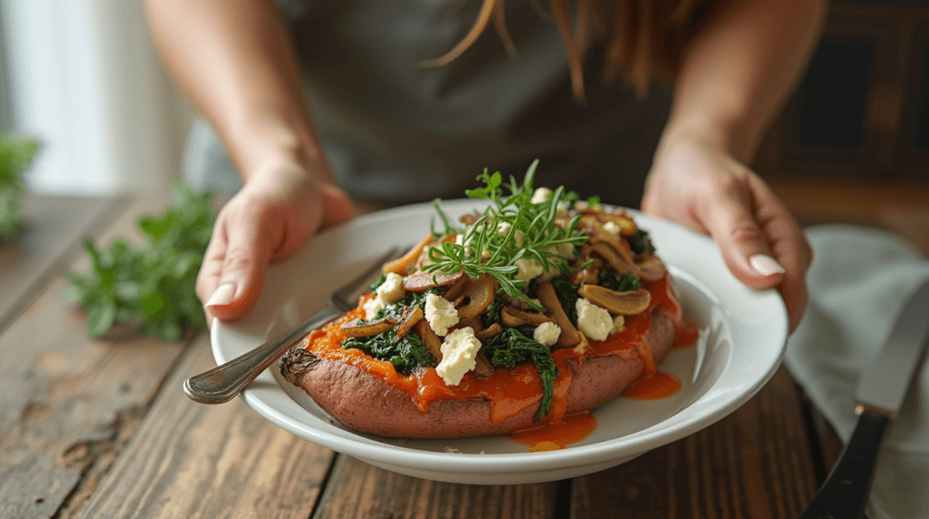 Stuffed Sweet Potatoes Recipe with Spinach, Mushroom, Feta,and Rosemary