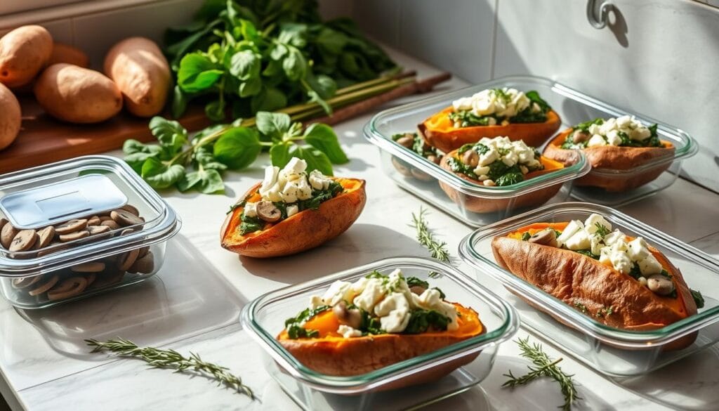 Stuffed Sweet Potatoes Recipe with Spinach, Mushroom, Feta,and Rosemary